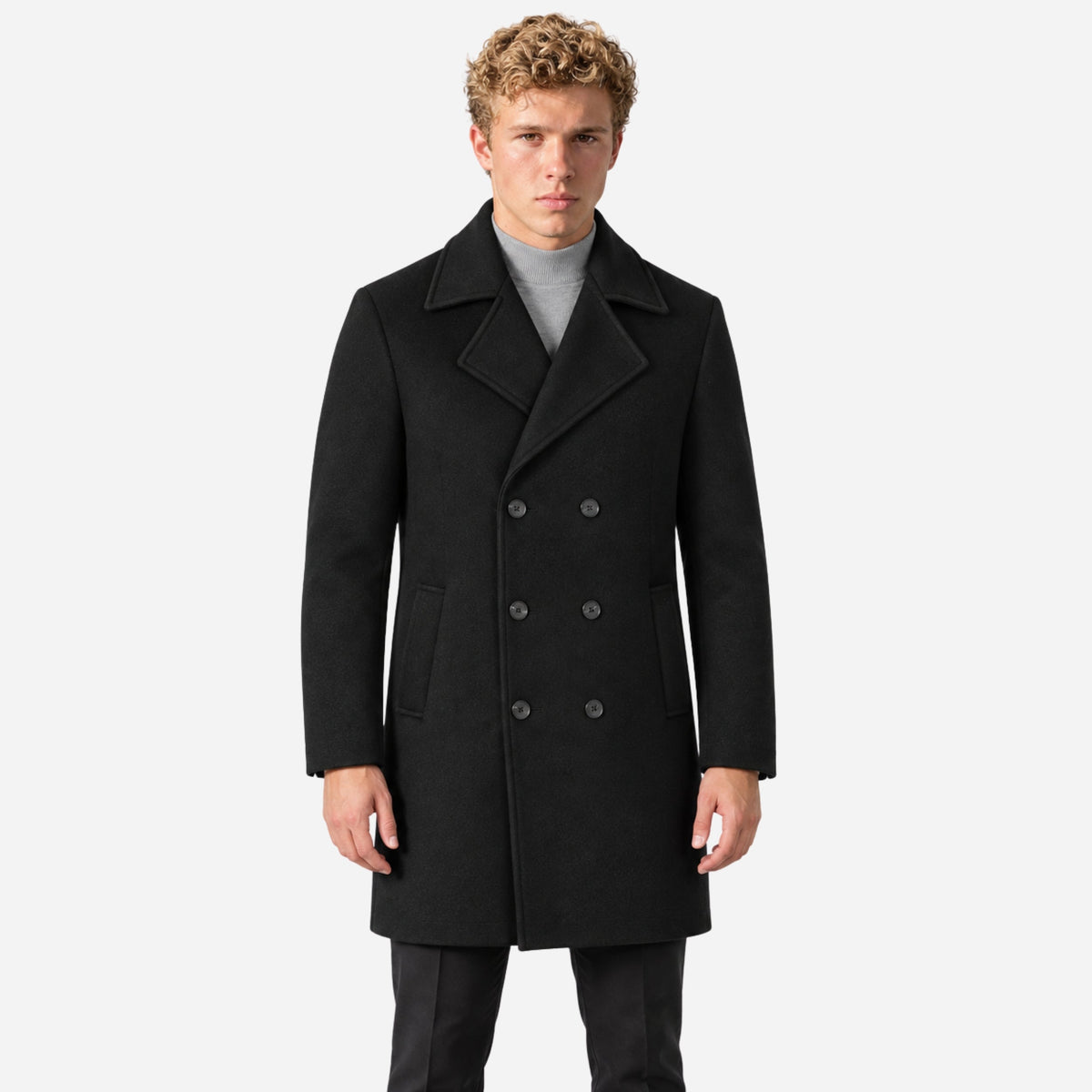 Men's Double-Breasted Notched-Lapel Mid-Length Coat-Fowsa