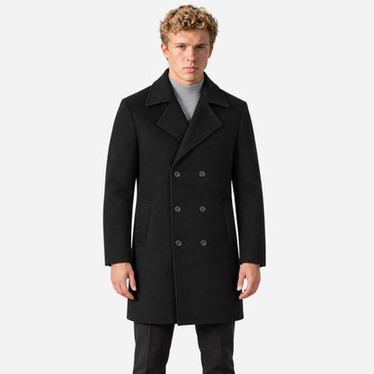 Men's Double-Breasted Notched-Lapel Mid-Length Coat-Fowsa