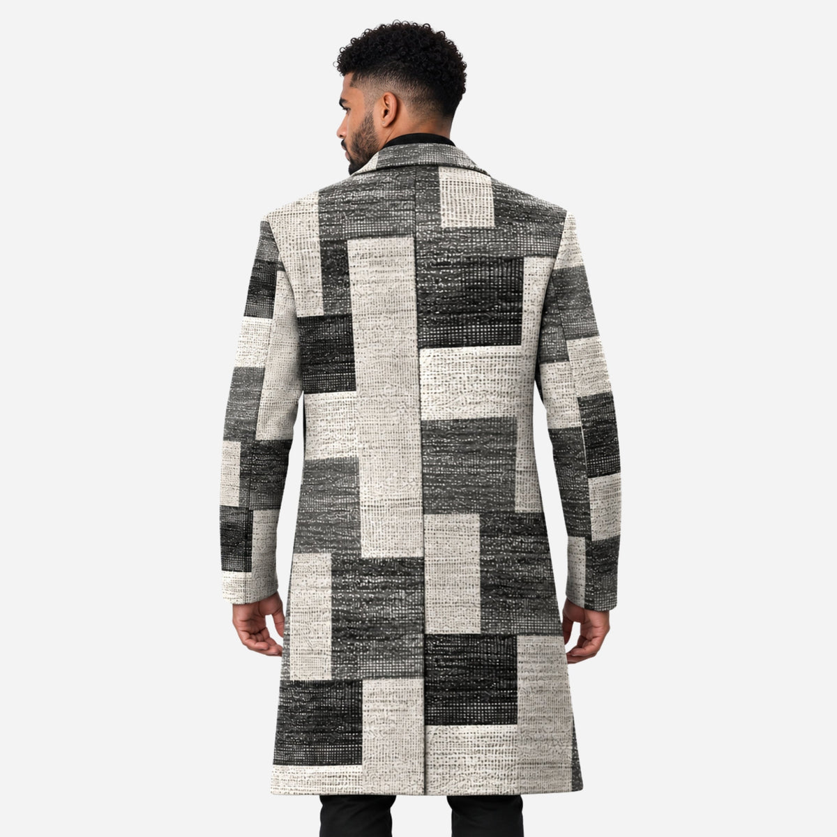 Men's Geometric Check Single-Breasted Long Coat-Fowsa