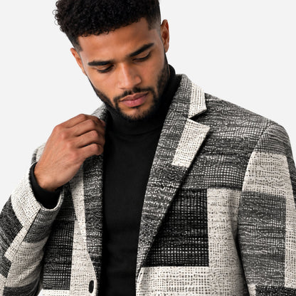 Men's Geometric Check Single-Breasted Long Coat-Fowsa