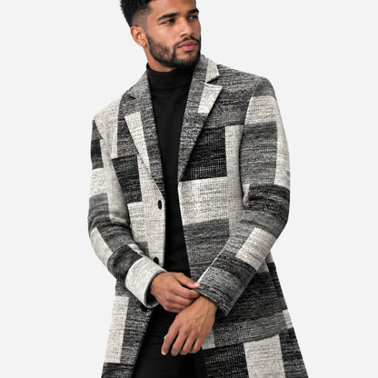 Men's Geometric Check Single-Breasted Long Coat-Fowsa