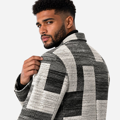 Men's Geometric Check Single-Breasted Long Coat-Fowsa