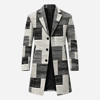 Men's Geometric Check Single-Breasted Long Coat-Fowsa