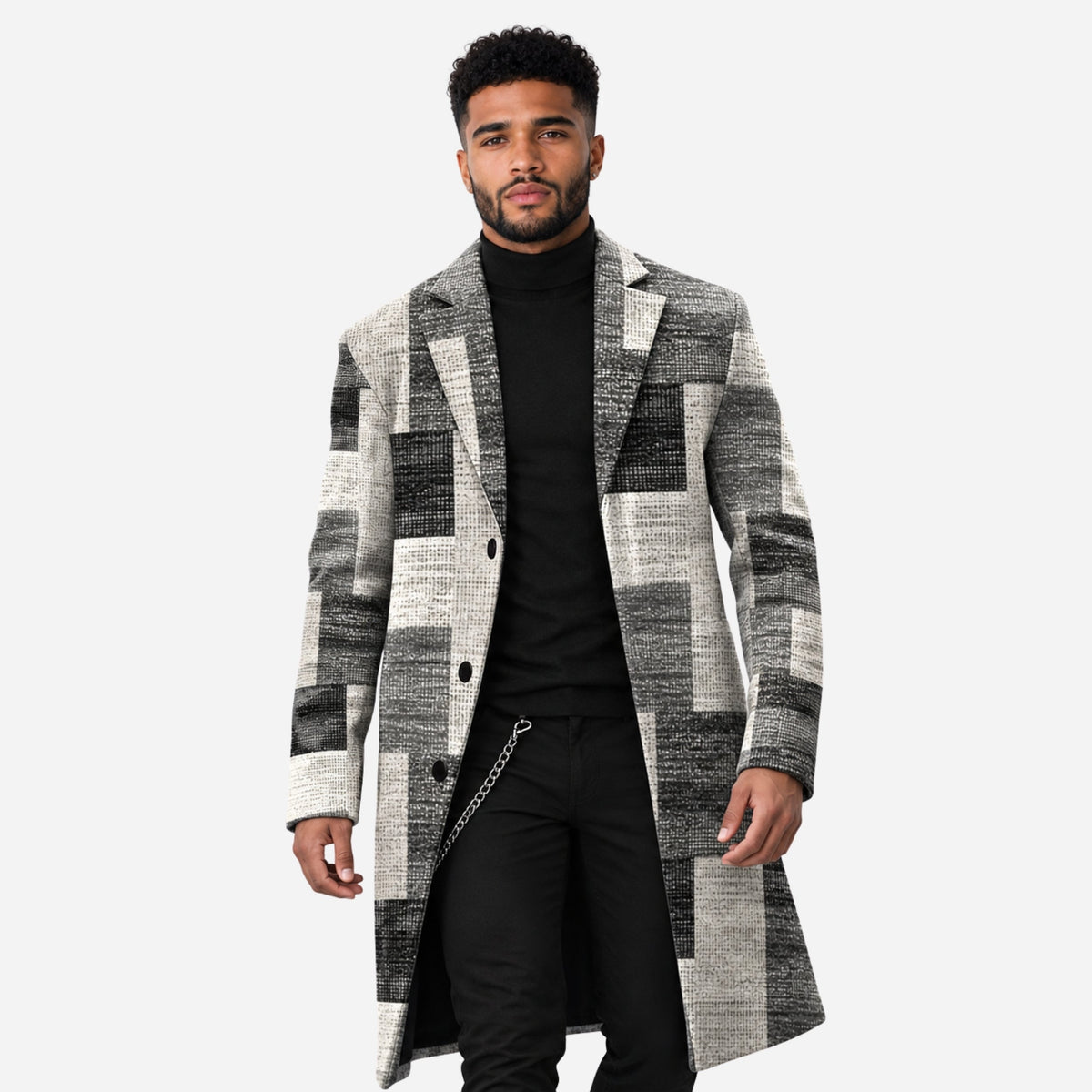 Men's Geometric Check Single-Breasted Long Coat-Fowsa