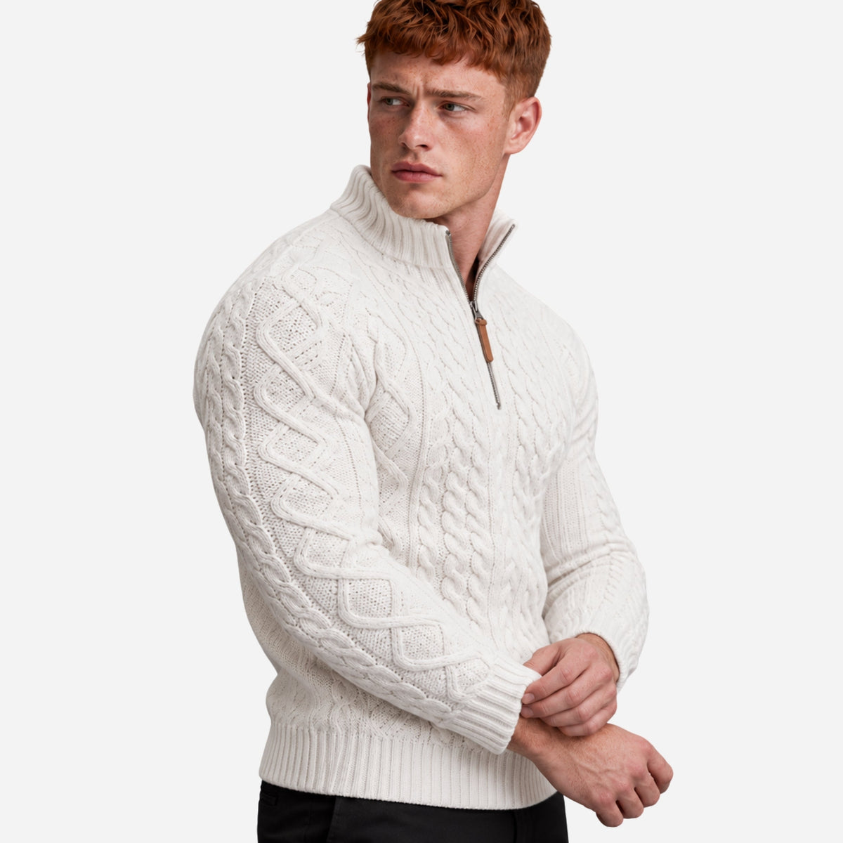 Men’s Half-Zip Cable Knit Collar Jumper-Fowsa