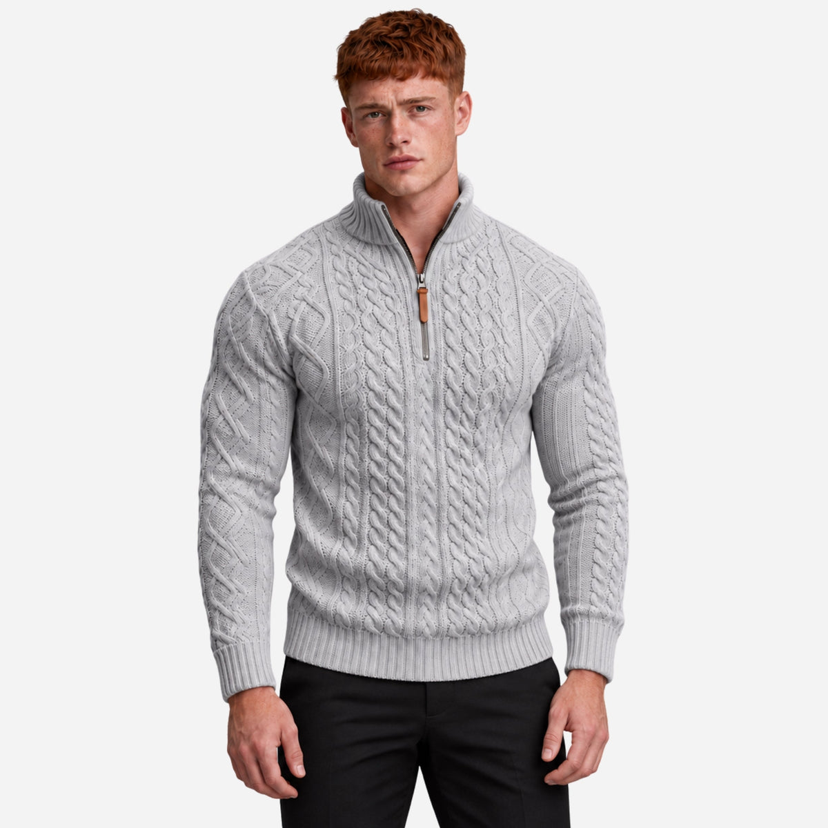 Men’s Half-Zip Cable Knit Collar Jumper-Fowsa