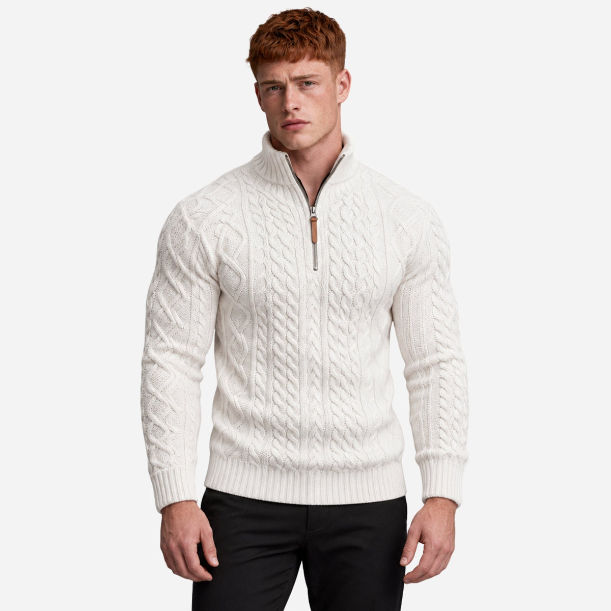 Men’s Half-Zip Cable Knit Collar Jumper-Fowsa