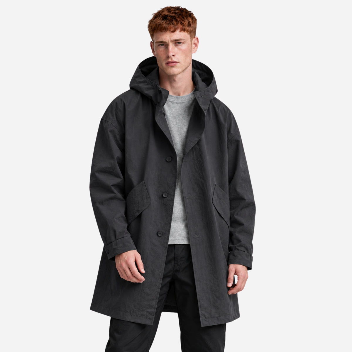 Men’s Hooded Button-Front Longline Utility Coat-Fowsa
