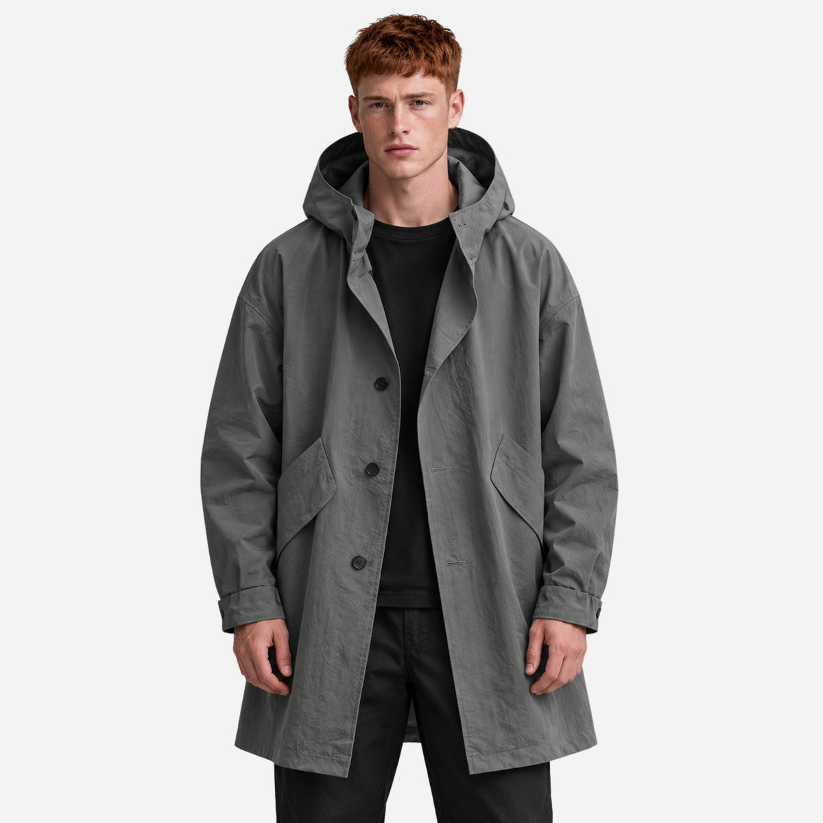 Men’s Hooded Button-Front Longline Utility Coat-Fowsa