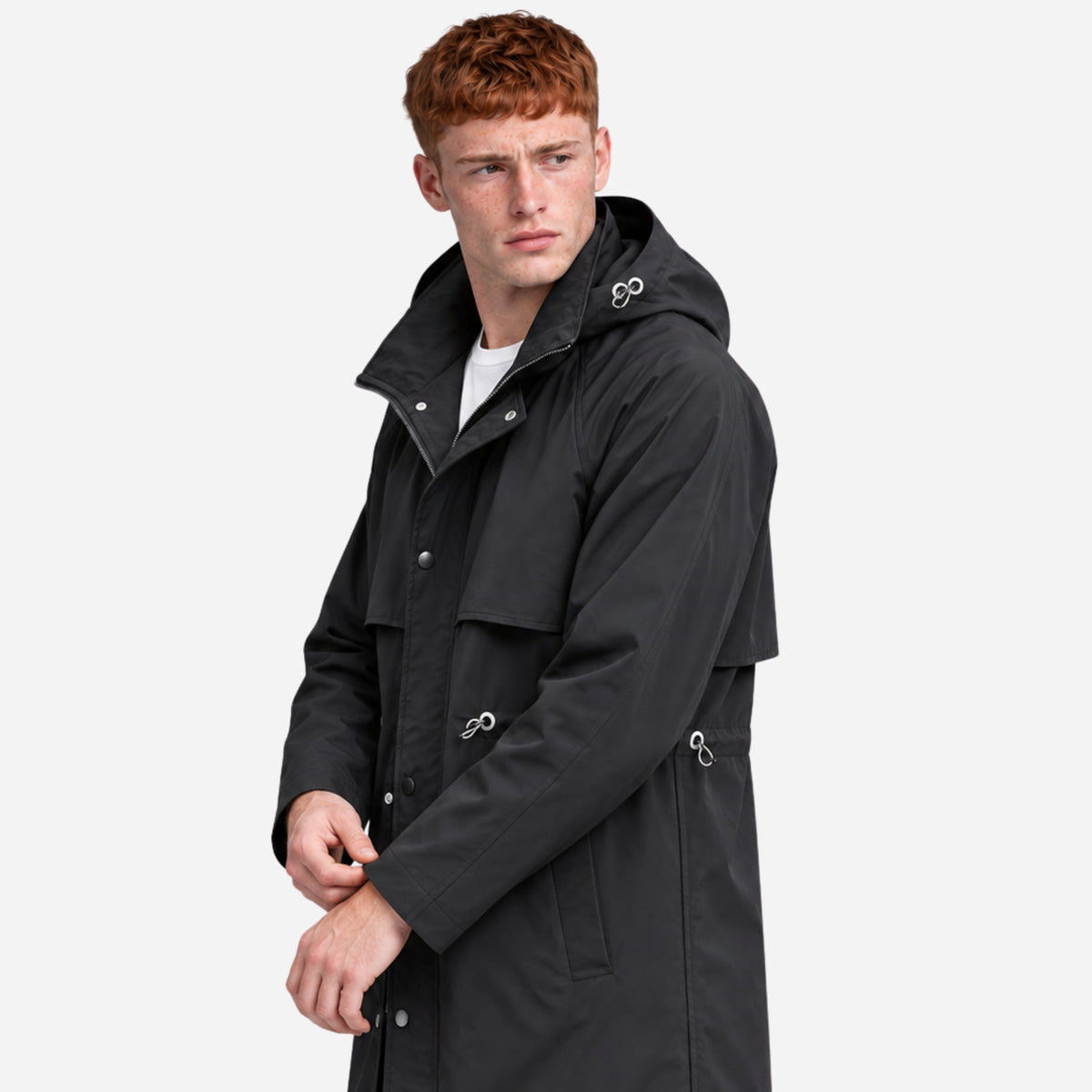 Men's Hooded Drawstring Mid-Length Windbreaker Coat-Fowsa