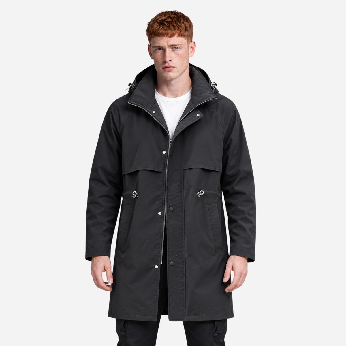 Men's Hooded Drawstring Mid-Length Windbreaker Coat-Fowsa
