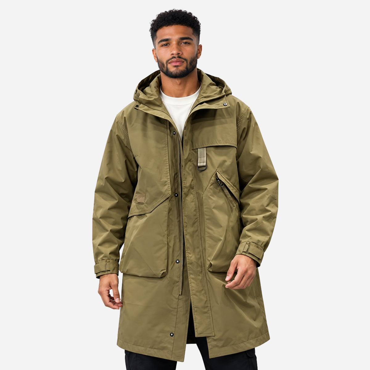 Men's Hooded Utility Mid-Length Windbreaker Coat-Fowsa