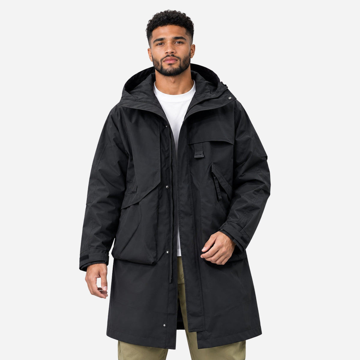 Men's Hooded Utility Mid-Length Windbreaker Coat-Fowsa