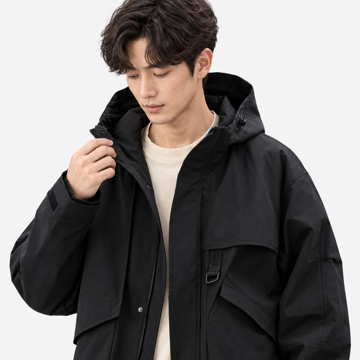 Men's Layered Hooded Mid-Length Windbreaker Coat-Fowsa