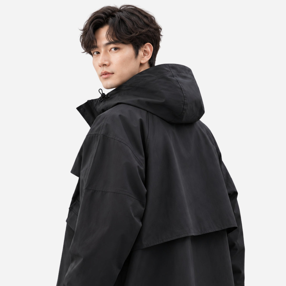 Men's Layered Hooded Mid-Length Windbreaker Coat-Fowsa