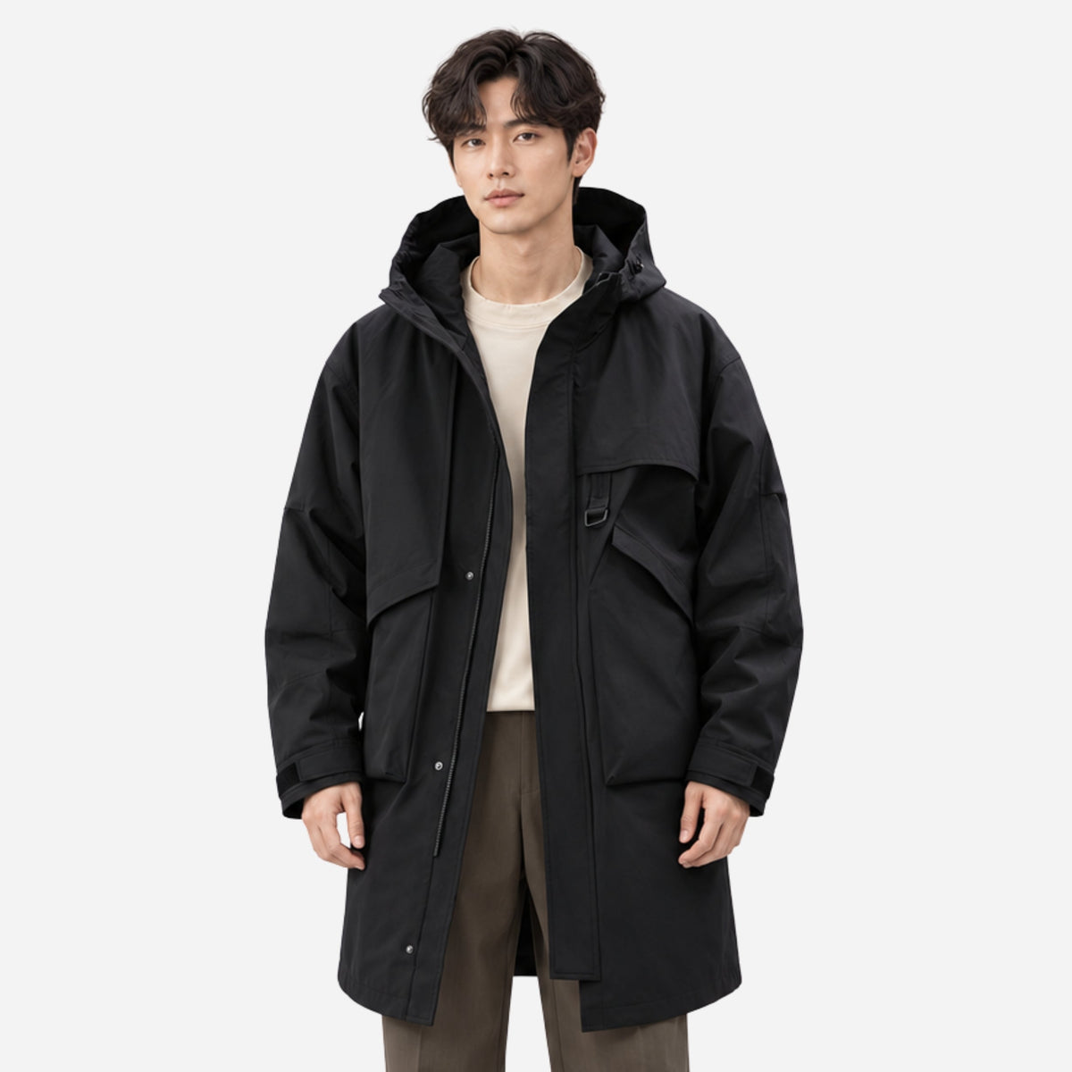 Men's Layered Hooded Mid-Length Windbreaker Coat-Fowsa