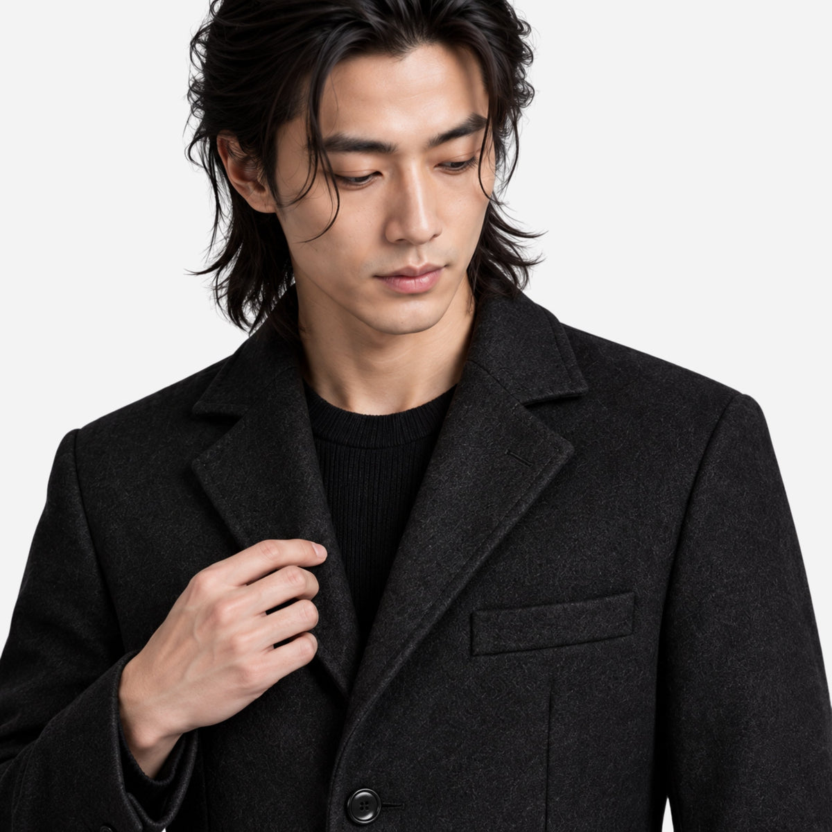 Men's Notched-Lapel Single-Breasted Mid-Length Coat-Fowsa
