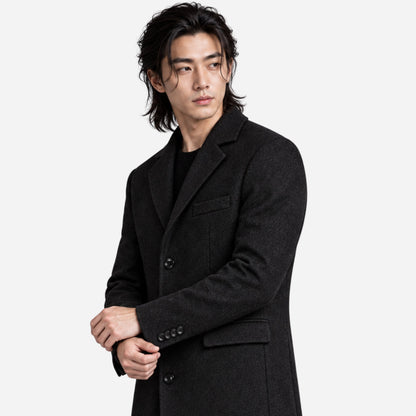 Men's Notched-Lapel Single-Breasted Mid-Length Coat-Fowsa