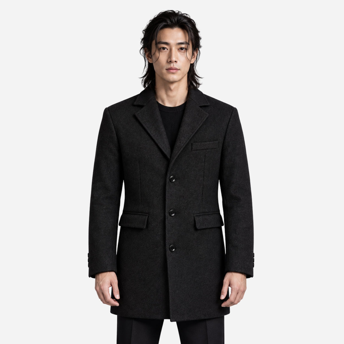 Men's Notched-Lapel Single-Breasted Mid-Length Coat-Fowsa