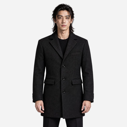 Men's Notched-Lapel Single-Breasted Mid-Length Coat-Fowsa