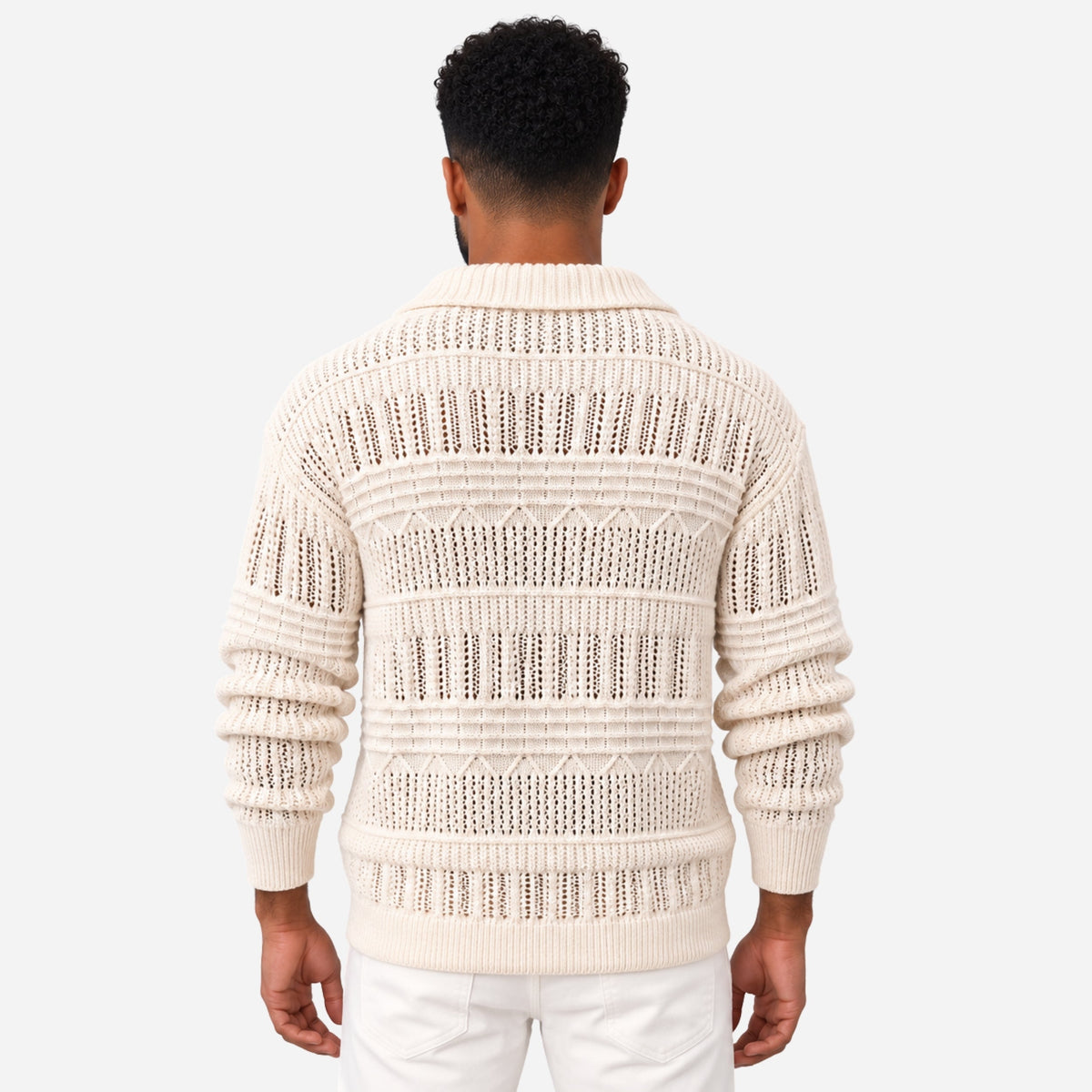Men’s Openwork Collared Long Sleeve Jumper-Fowsa