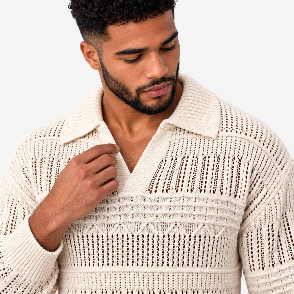 Men’s Openwork Collared Long Sleeve Jumper-Fowsa