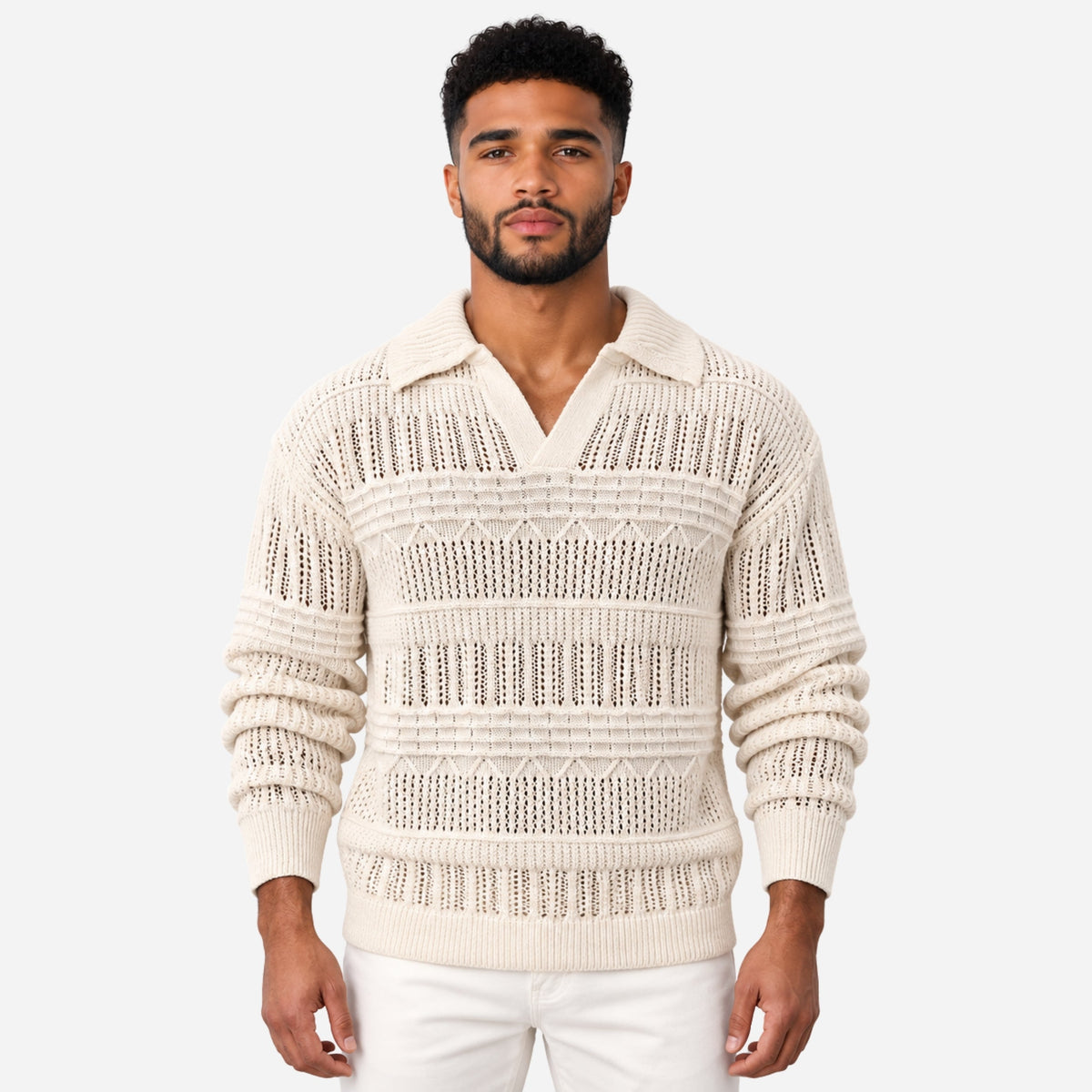 Men’s Openwork Collared Long Sleeve Jumper-Fowsa