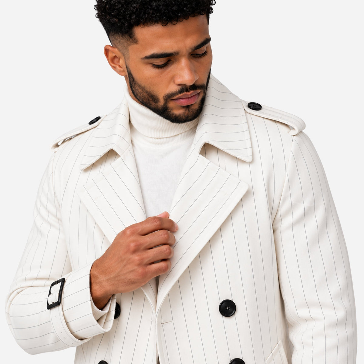 Men’s Pinstriped Double-Breasted Long Trench Coat-Fowsa