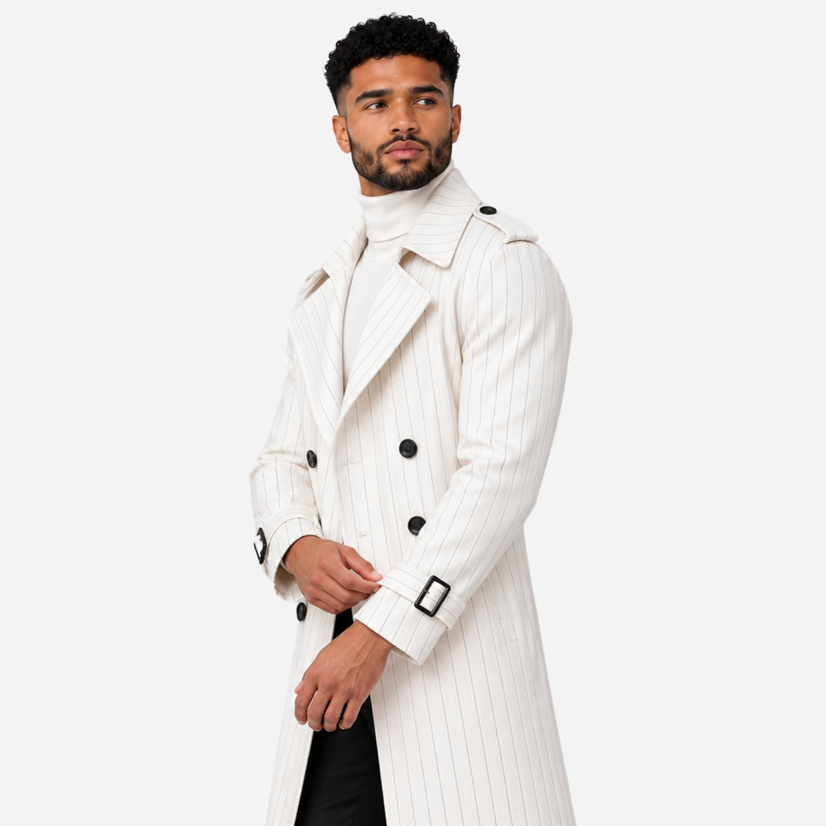 Men’s Pinstriped Double-Breasted Long Trench Coat-Fowsa
