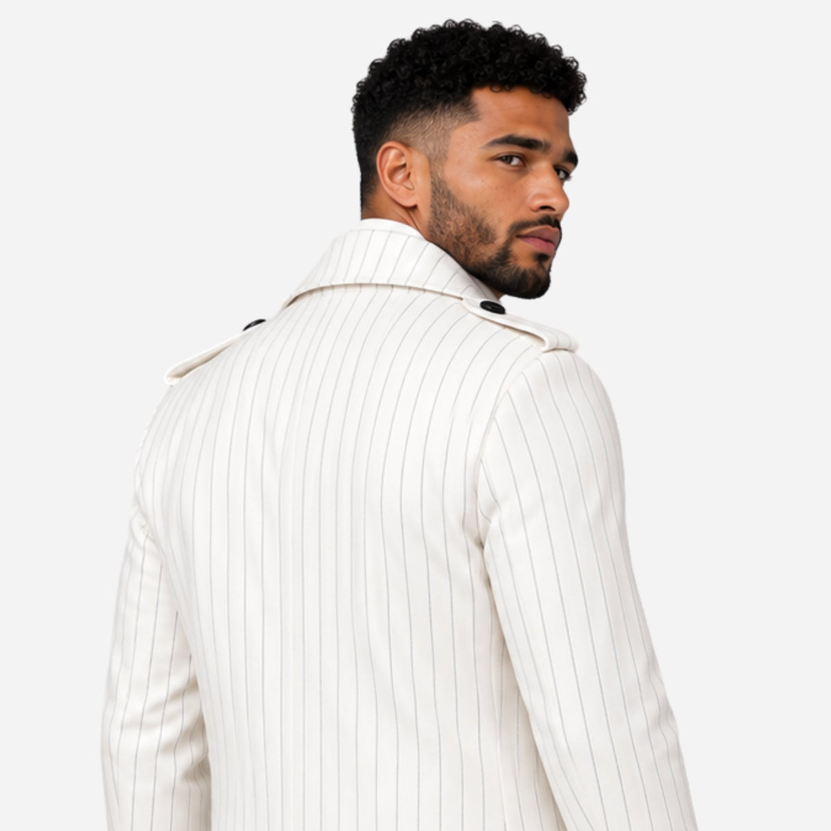 Men’s Pinstriped Double-Breasted Long Trench Coat-Fowsa