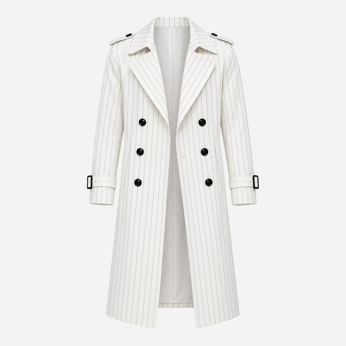 Men’s Pinstriped Double-Breasted Long Trench Coat-Fowsa