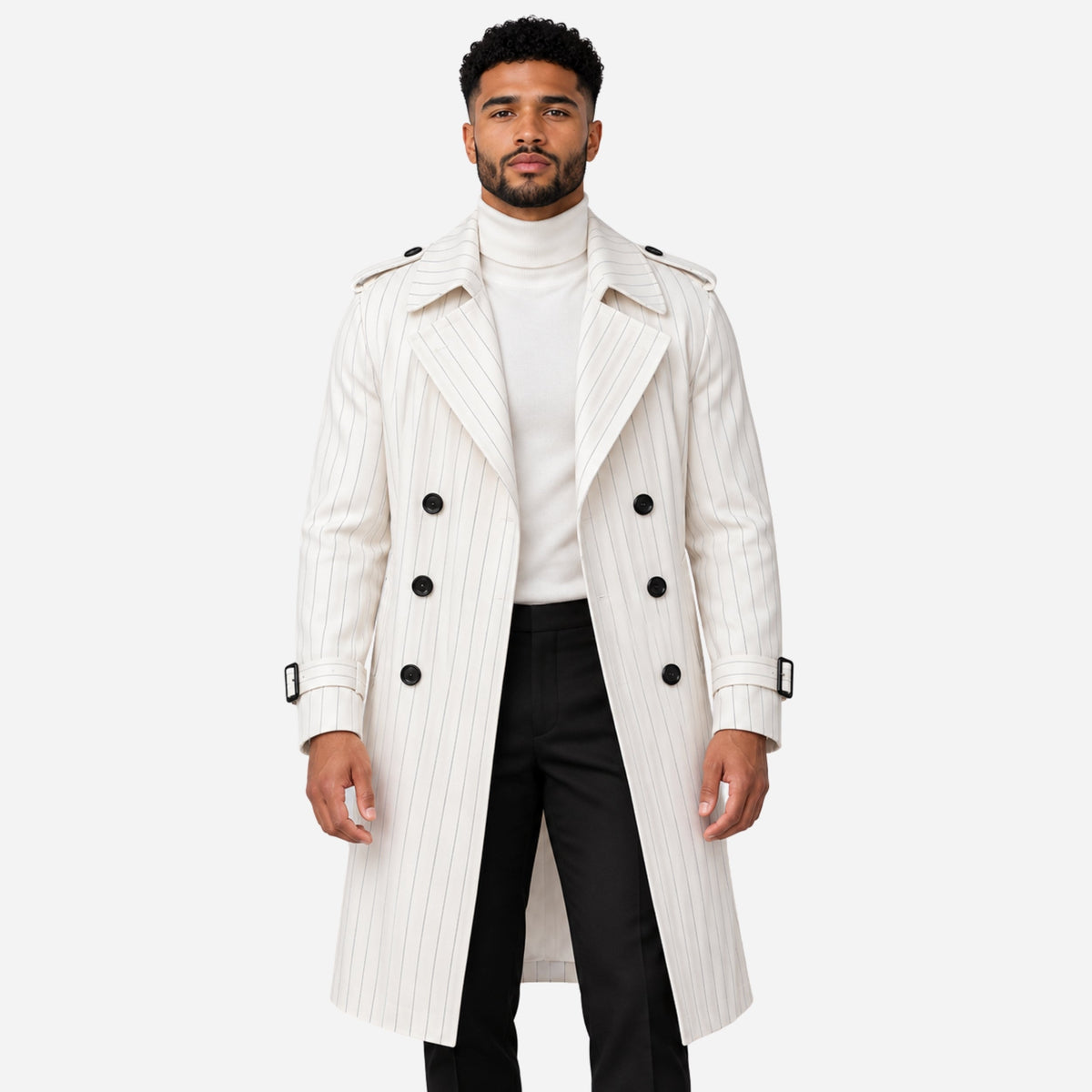 Men’s Pinstriped Double-Breasted Long Trench Coat-Fowsa