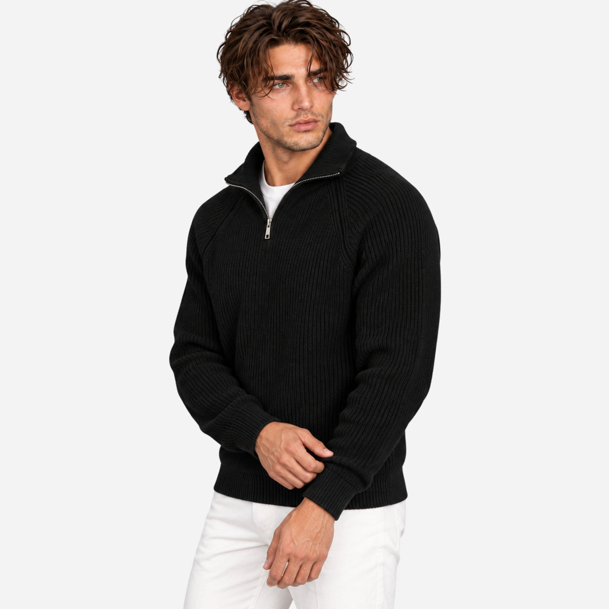 Men's Quarter-Zip Ribbed Knit Jumper-Fowsa