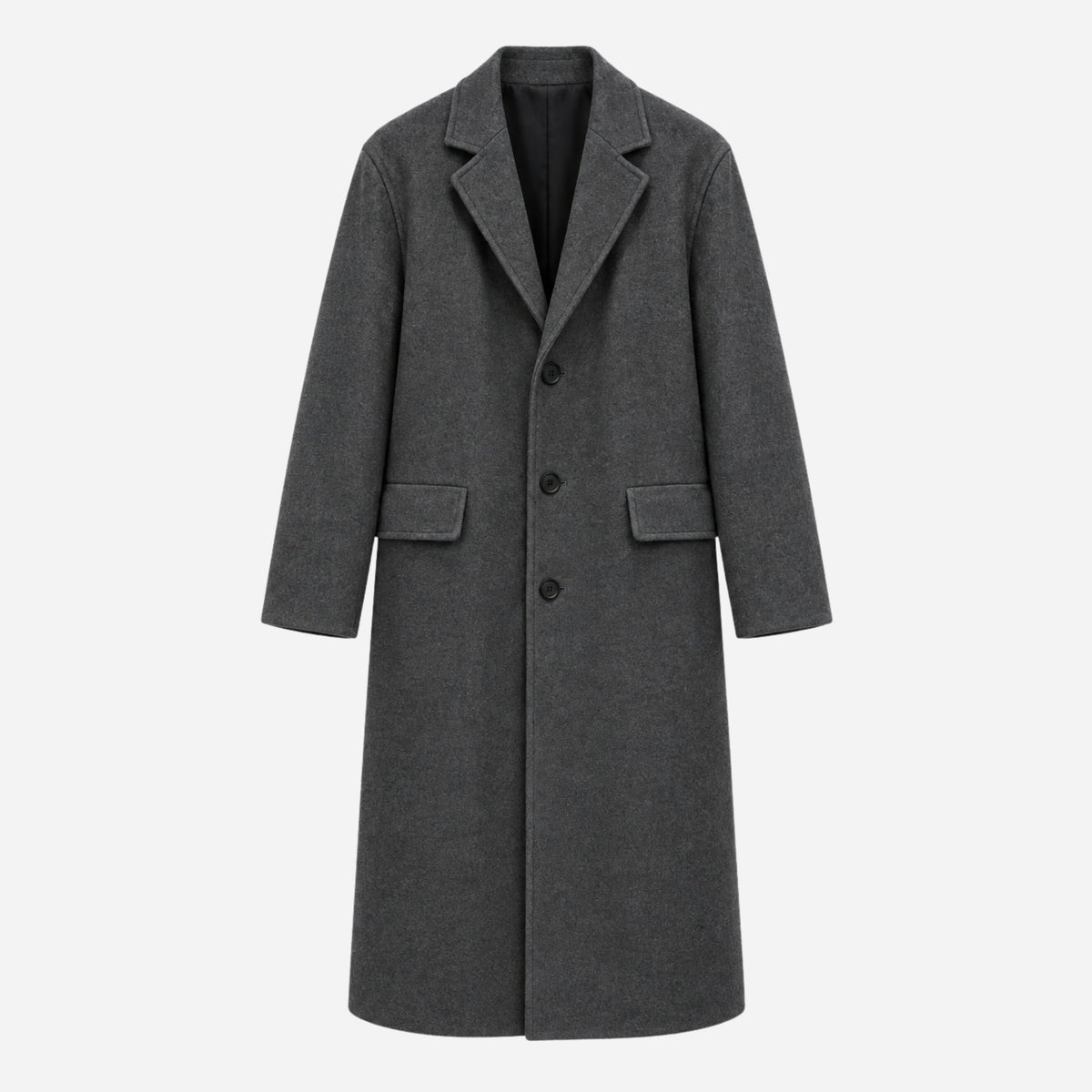 Men's Single-Breasted Notched-Lapel Long Coat-Fowsa