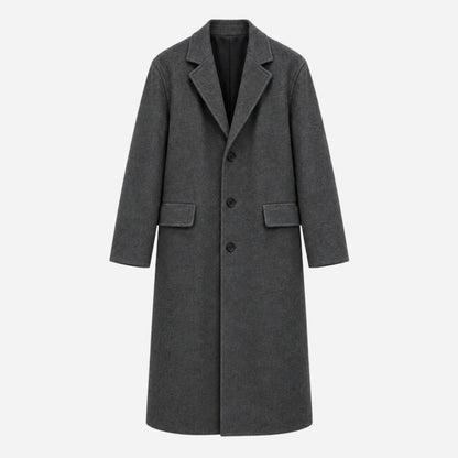 Men's Single-Breasted Notched-Lapel Long Coat-Fowsa