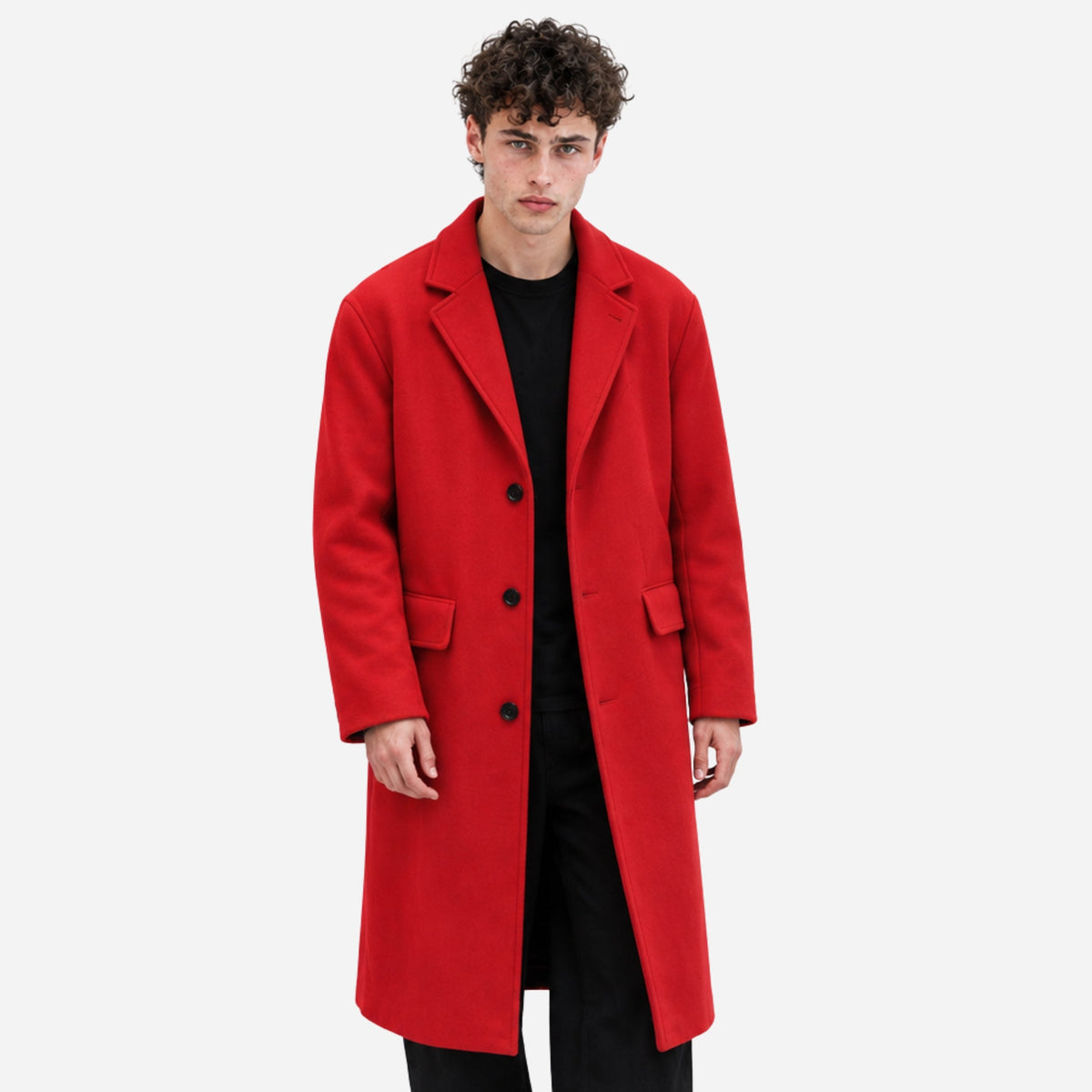 Men's Single-Breasted Notched-Lapel Long Coat-Fowsa