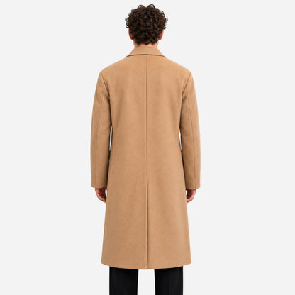 Men's Single-Breasted Notched-Lapel Long Coat-Fowsa
