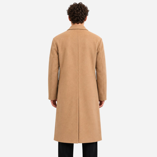 Men's Single-Breasted Notched-Lapel Long Coat-Fowsa