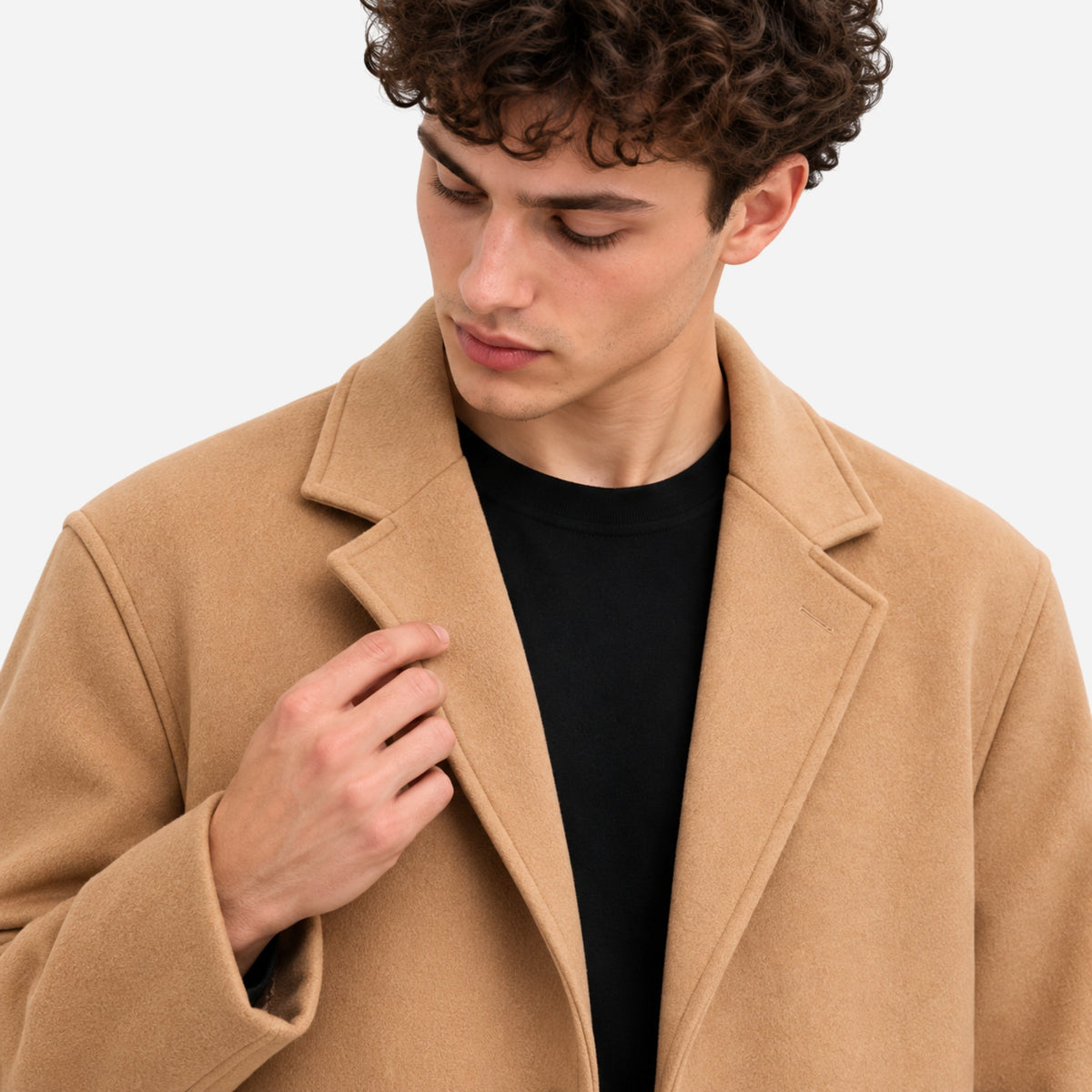 Men's Single-Breasted Notched-Lapel Long Coat-Fowsa