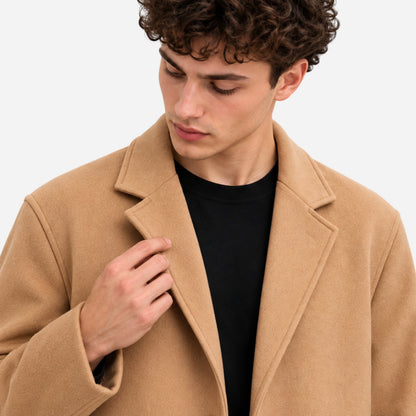 Men's Single-Breasted Notched-Lapel Long Coat-Fowsa