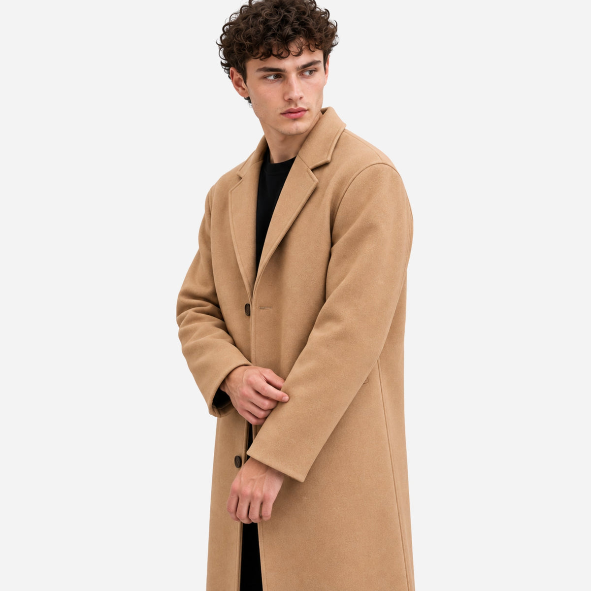 Men's Single-Breasted Notched-Lapel Long Coat-Fowsa