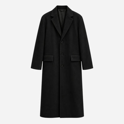 Men's Single-Breasted Notched-Lapel Long Coat-Fowsa