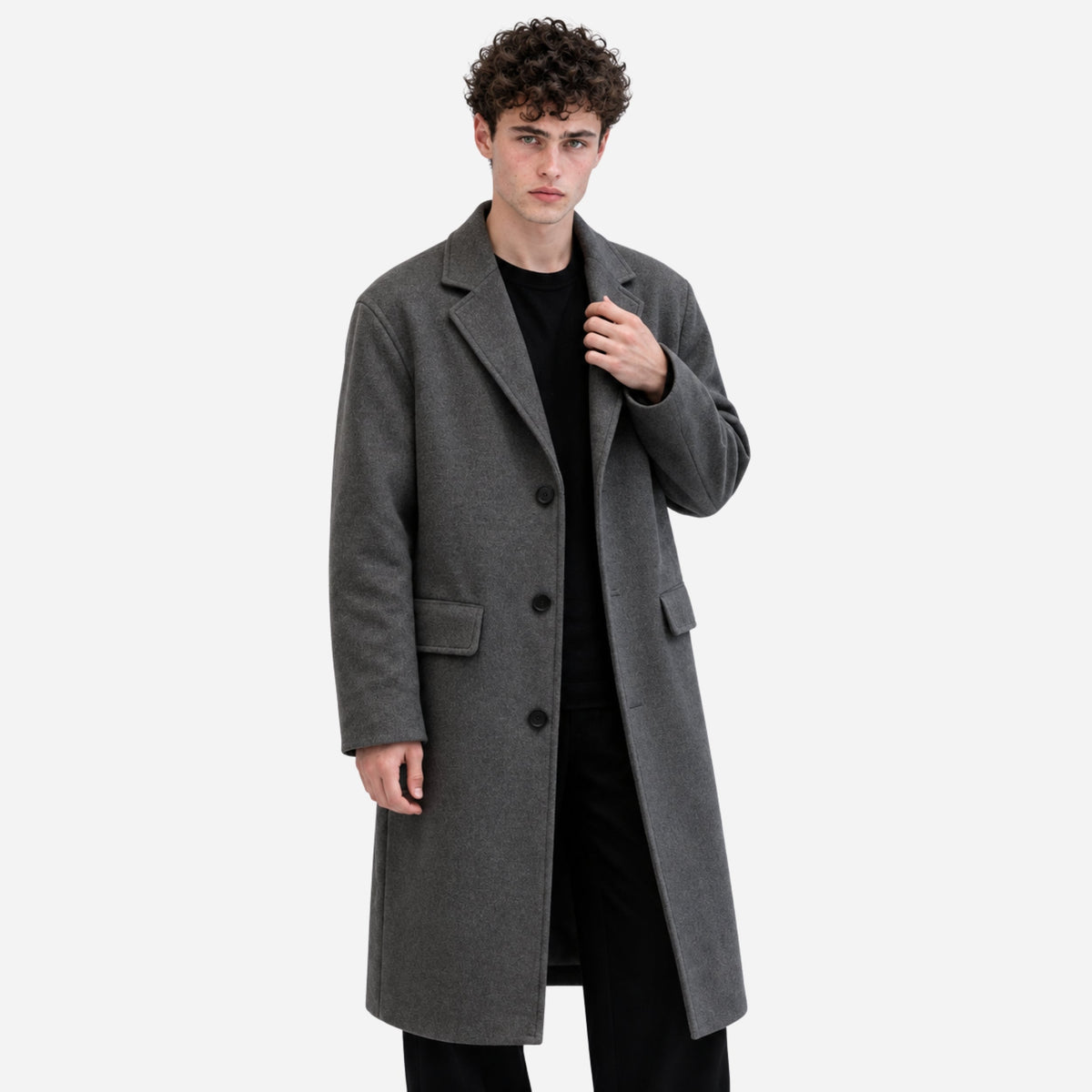 Men's Single-Breasted Notched-Lapel Long Coat-Fowsa