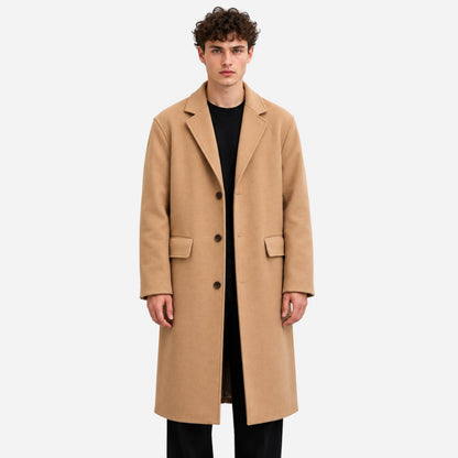 Men's Single-Breasted Notched-Lapel Long Coat-Fowsa