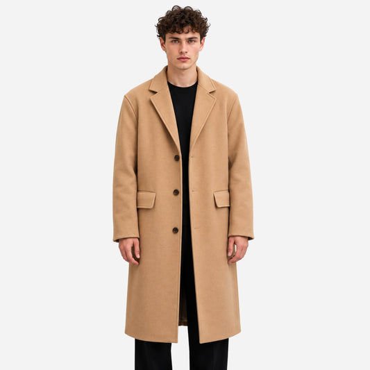 Men's Single-Breasted Notched-Lapel Long Coat-Fowsa
