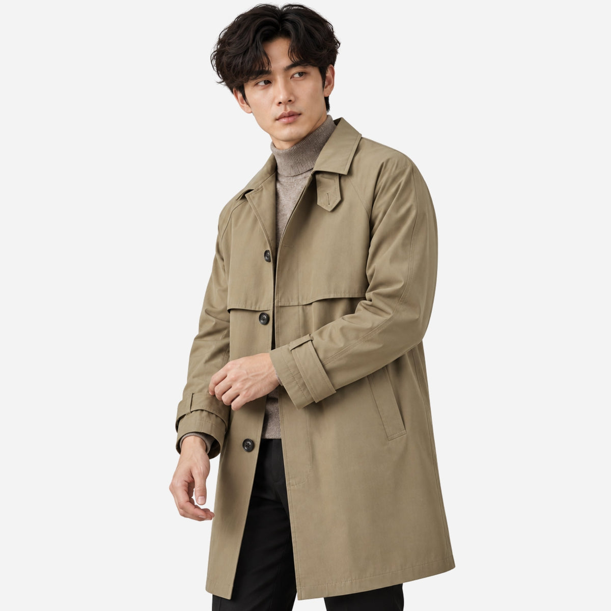 Men's Storm-Flap Single-Breasted Trench Coat-Fowsa