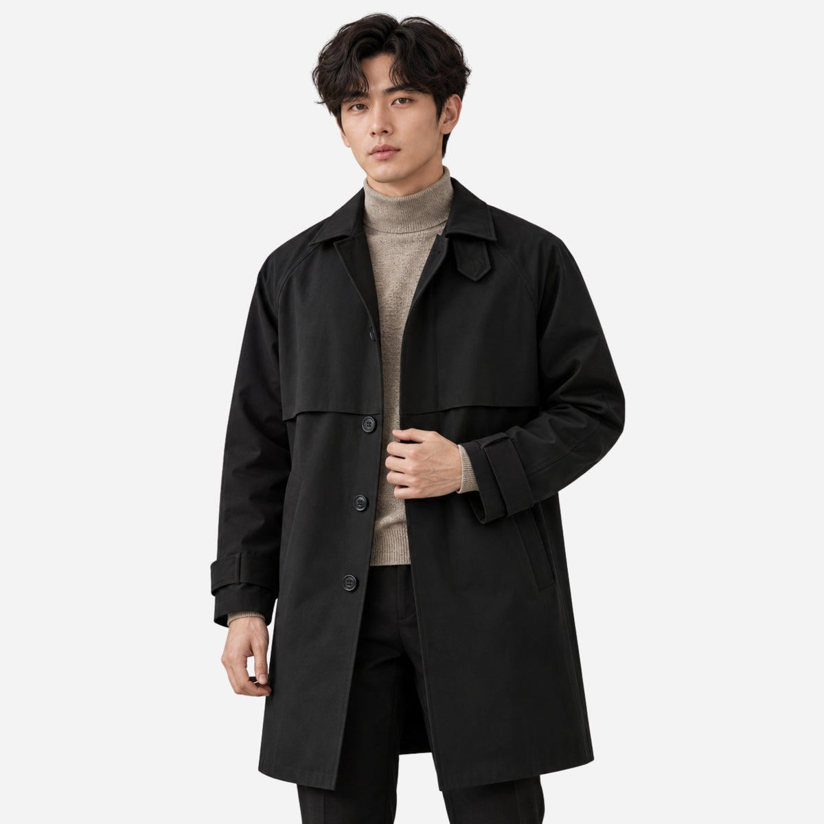 Men's Storm-Flap Single-Breasted Trench Coat-Fowsa