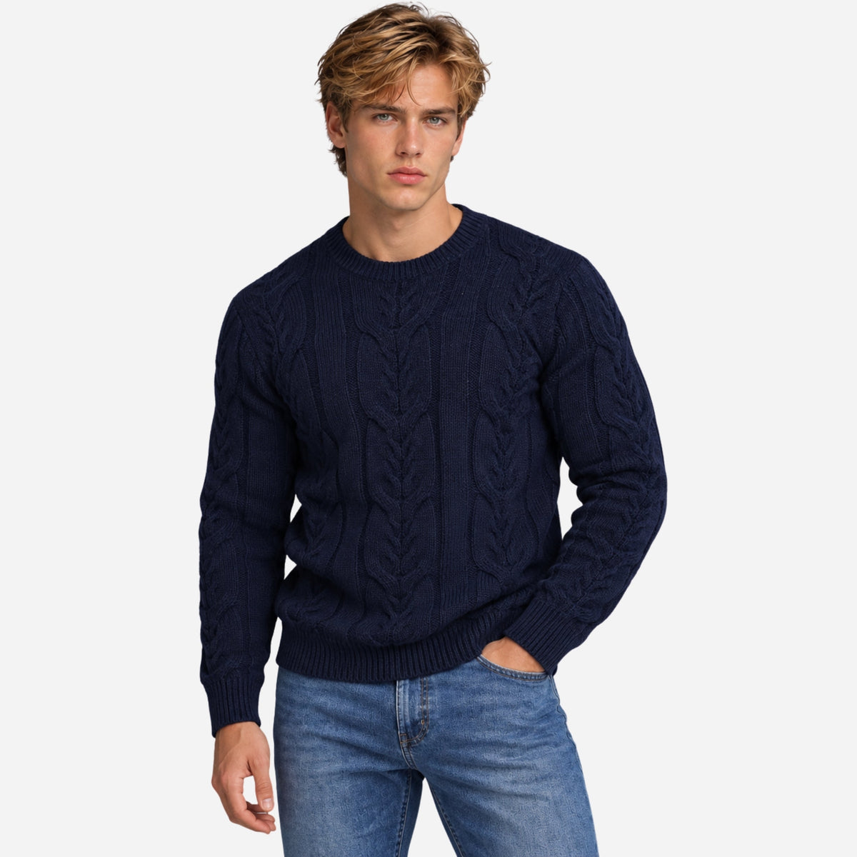Men's Textured Crew-Neck Knitted Jumper-Fowsa