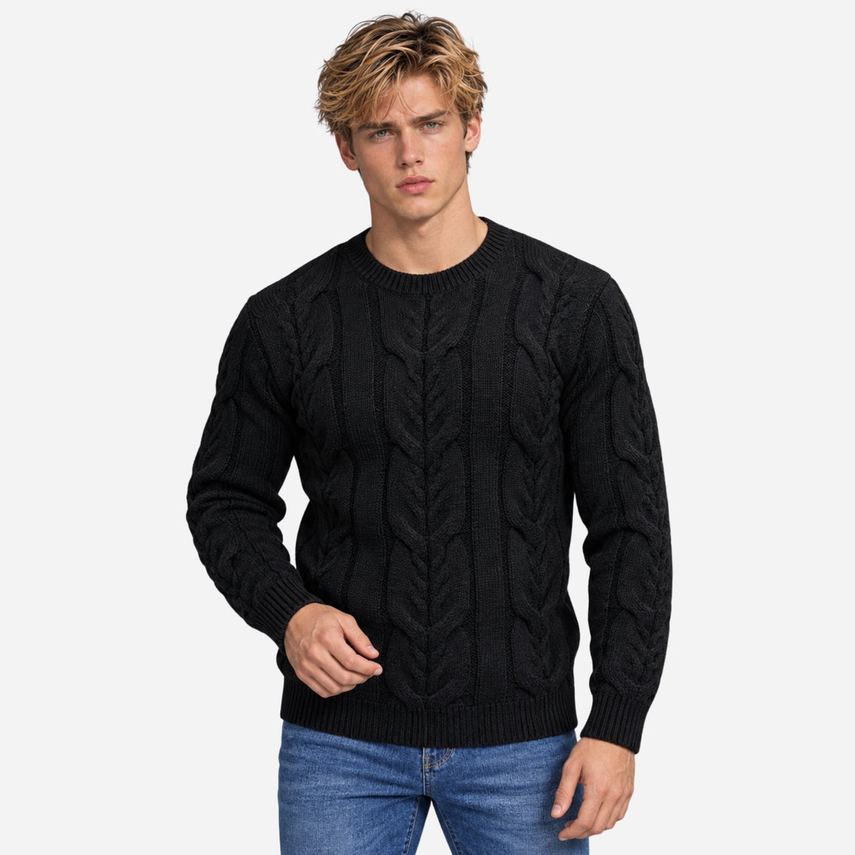 Men's Textured Crew-Neck Knitted Jumper-Fowsa