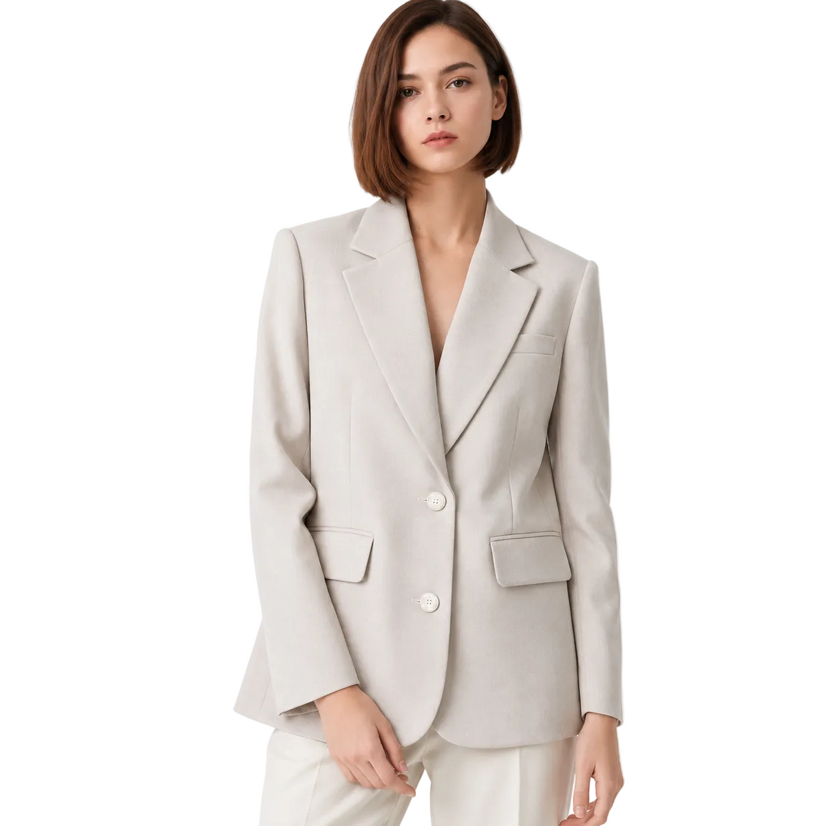 Pearl-Button Tailored Blazer in Beige